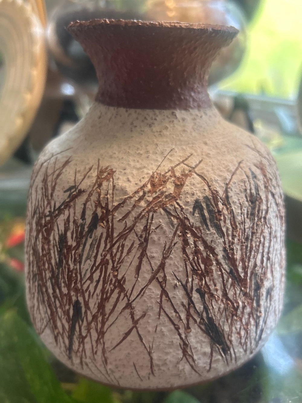 Signed Studio Art Pottery Vase | Hand-Thrown Stoneware | Cattail Design | 5”